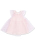 Pink dress with sheer sleeves and silver star accents, perfect for special occasions.