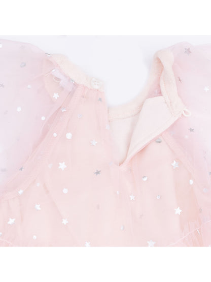 Light pink dress with silver stars and ruffled tulle, featuring a button closure at the neckline.