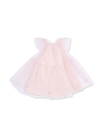 Pink dress with star patterns and sheer sleeves, perfect for special occasions or everyday wear.
