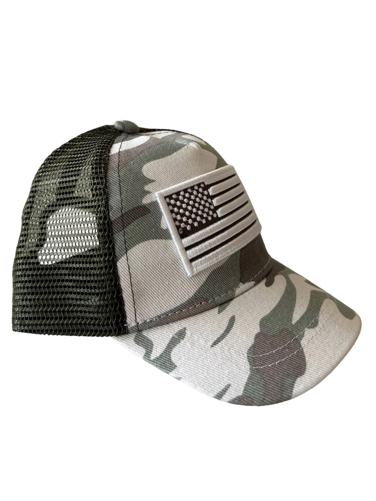 Camo baseball cap with an American flag patch, featuring a mesh back and curved brim.