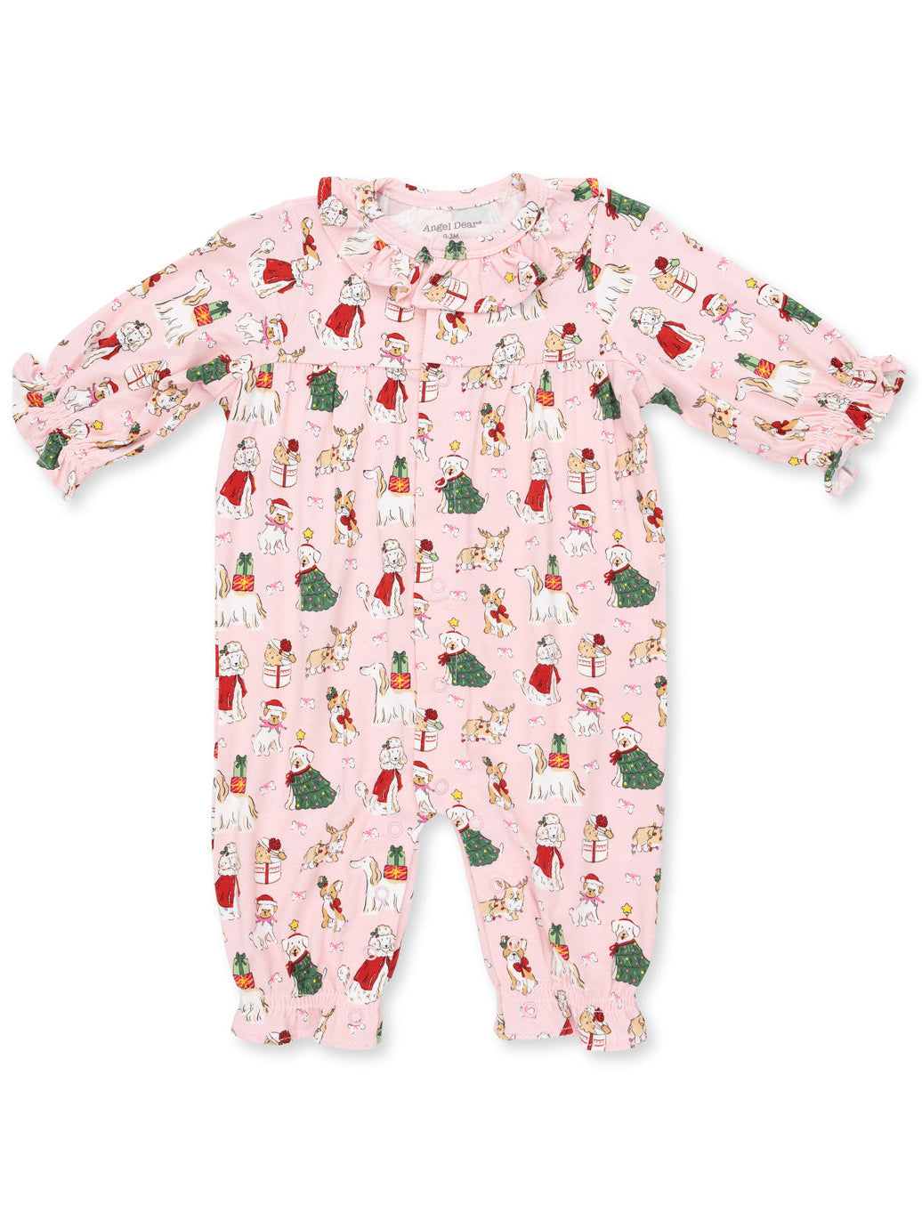Pink children's romper with festive animal and Christmas print, featuring ruffled collar and elastic sleeves.