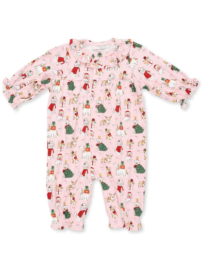 Pink children's romper with festive animal and Christmas print, featuring ruffled collar and elastic sleeves.