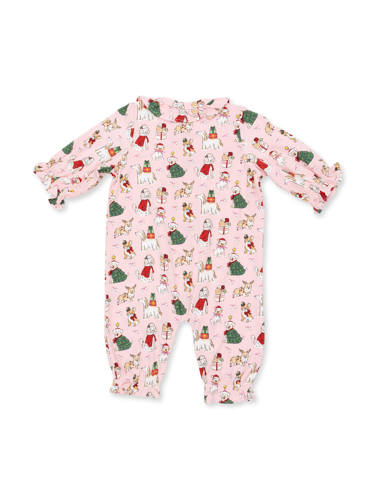 Ruffle Collar Romper, Christmas Dogs Pink