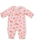 Pink infant romper with Christmas print featuring Santa, reindeer, and festive trees. Perfect for holiday celebrations.