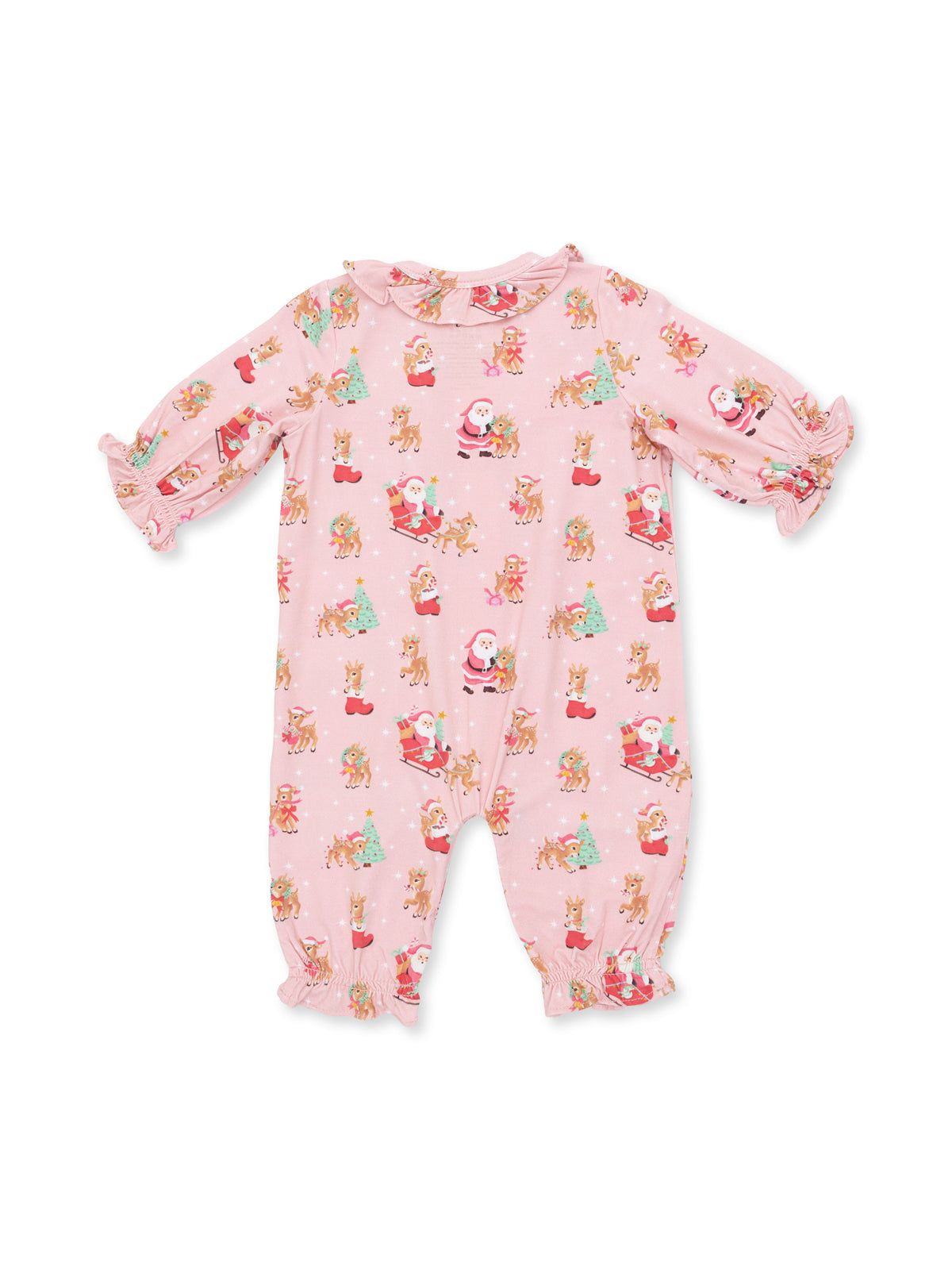 Pink holiday-themed onesie with festive illustrations of Santa, reindeer, and Christmas trees.