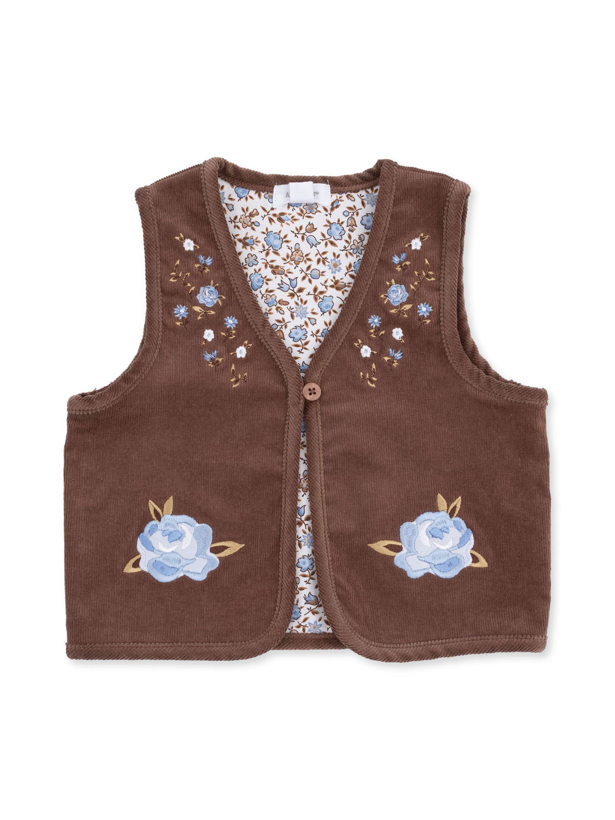 Brown vest adorned with blue floral embroidery and a floral patterned interior.