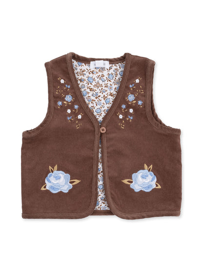 Brown vest adorned with blue floral embroidery and a floral patterned interior.