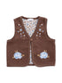Brown vest adorned with blue floral embroidery and a floral patterned interior.