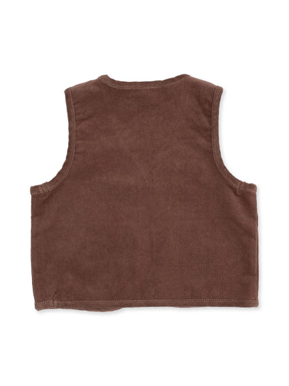 Brown corduroy sleeveless vest, back view, featuring textured fabric and a simple design.