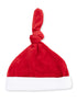 Red Santa hat with a white fur trim and a knotted top, perfect for festive holiday celebrations.
