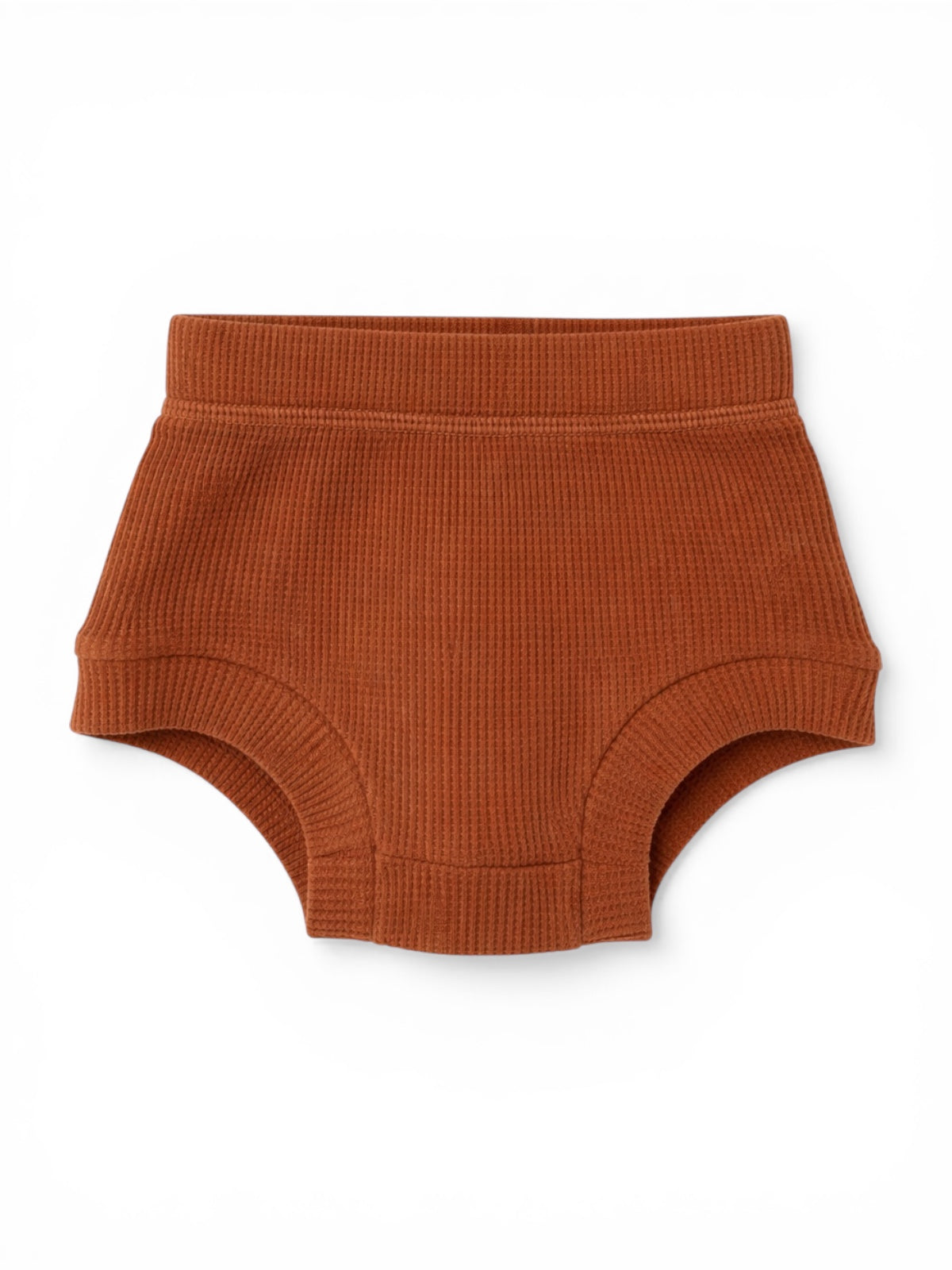 Rust-colored ribbed toddler underwear on a white background.