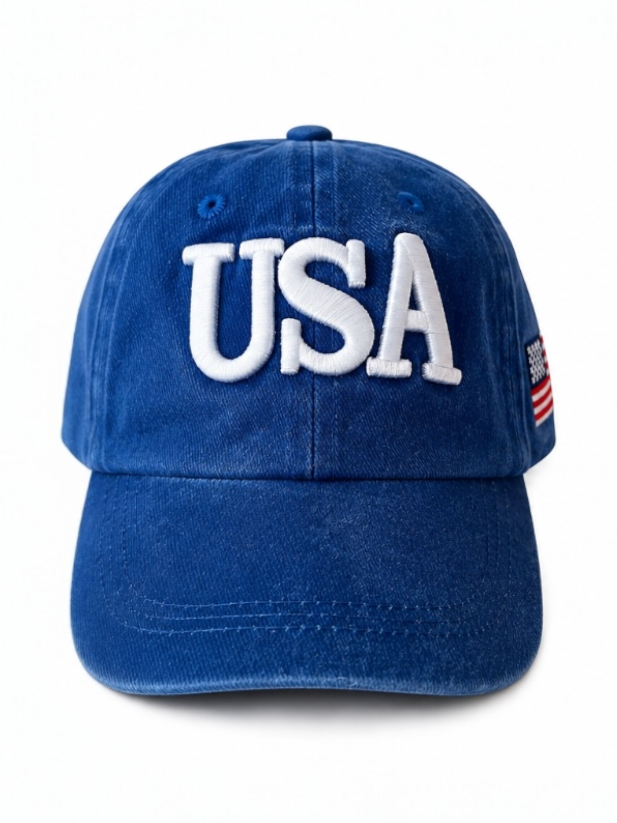 Blue baseball cap featuring "USA" in white letters and a small American flag on the side.