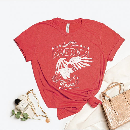 Land of the Free Because of the Brave Women's Graphic Tee, Heather Red