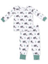 Children's pajamas featuring bear and tree patterns in gray and green colors.