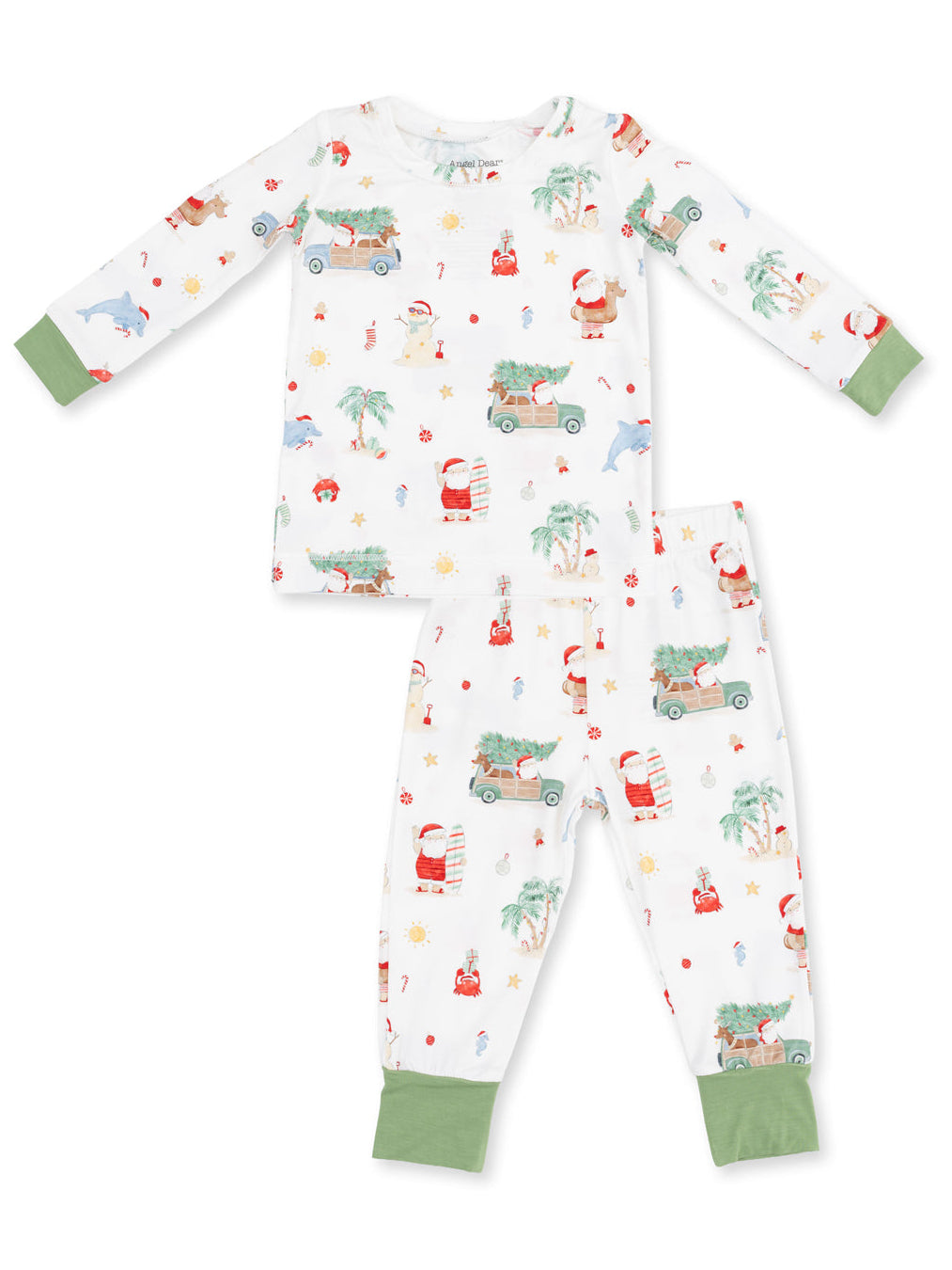 Children’s holiday pajama set with Santa, palm trees, and ocean themes, featuring long sleeves and pants.
