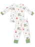 Children’s holiday pajama set with Santa, palm trees, and ocean themes, featuring long sleeves and pants.