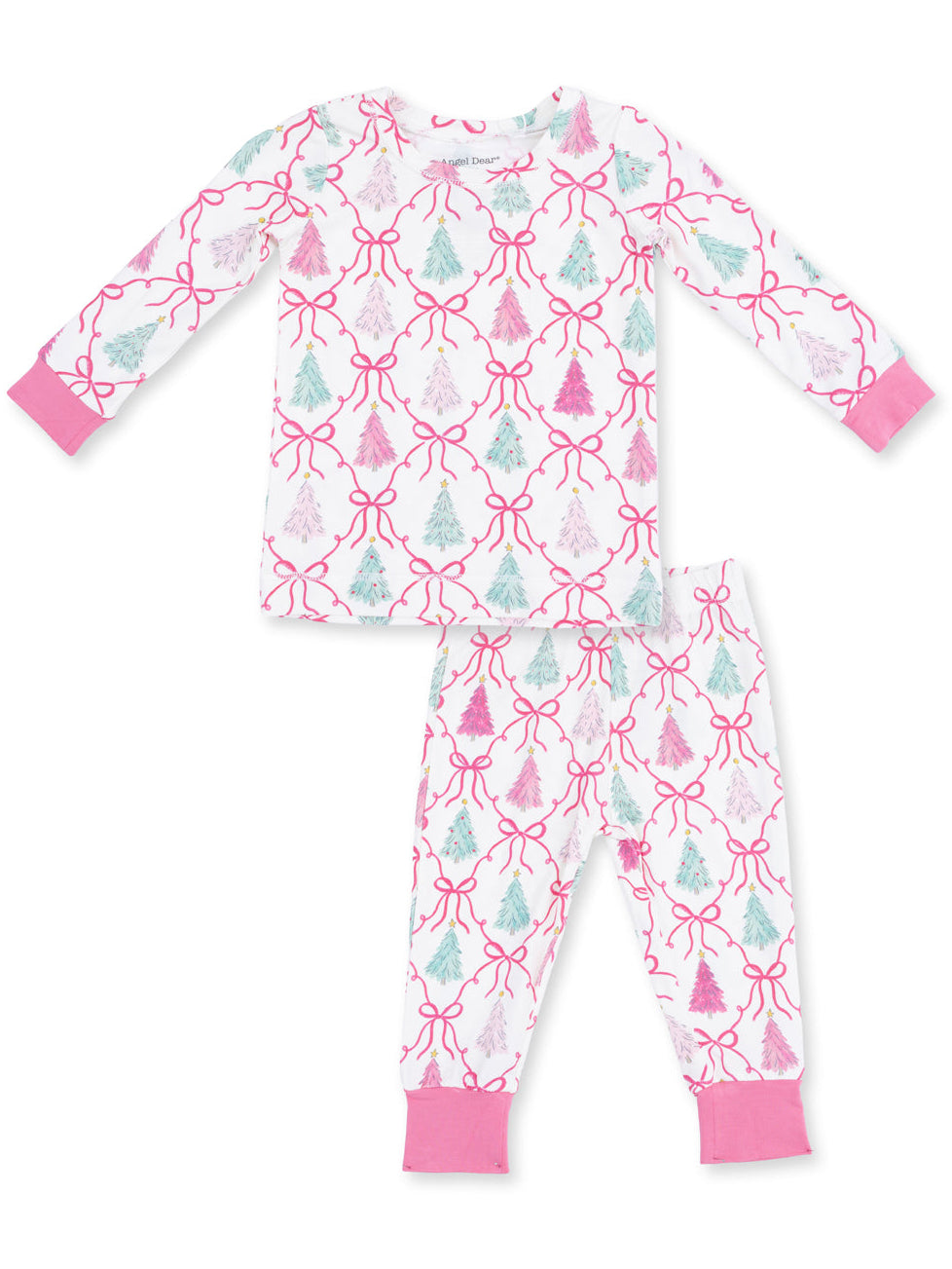 Pink and white children's pajamas featuring a holiday tree pattern with bows.