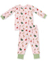 Pink toddler pajamas featuring festive animal and holiday designs, with green cuffs on the sleeves and pants.