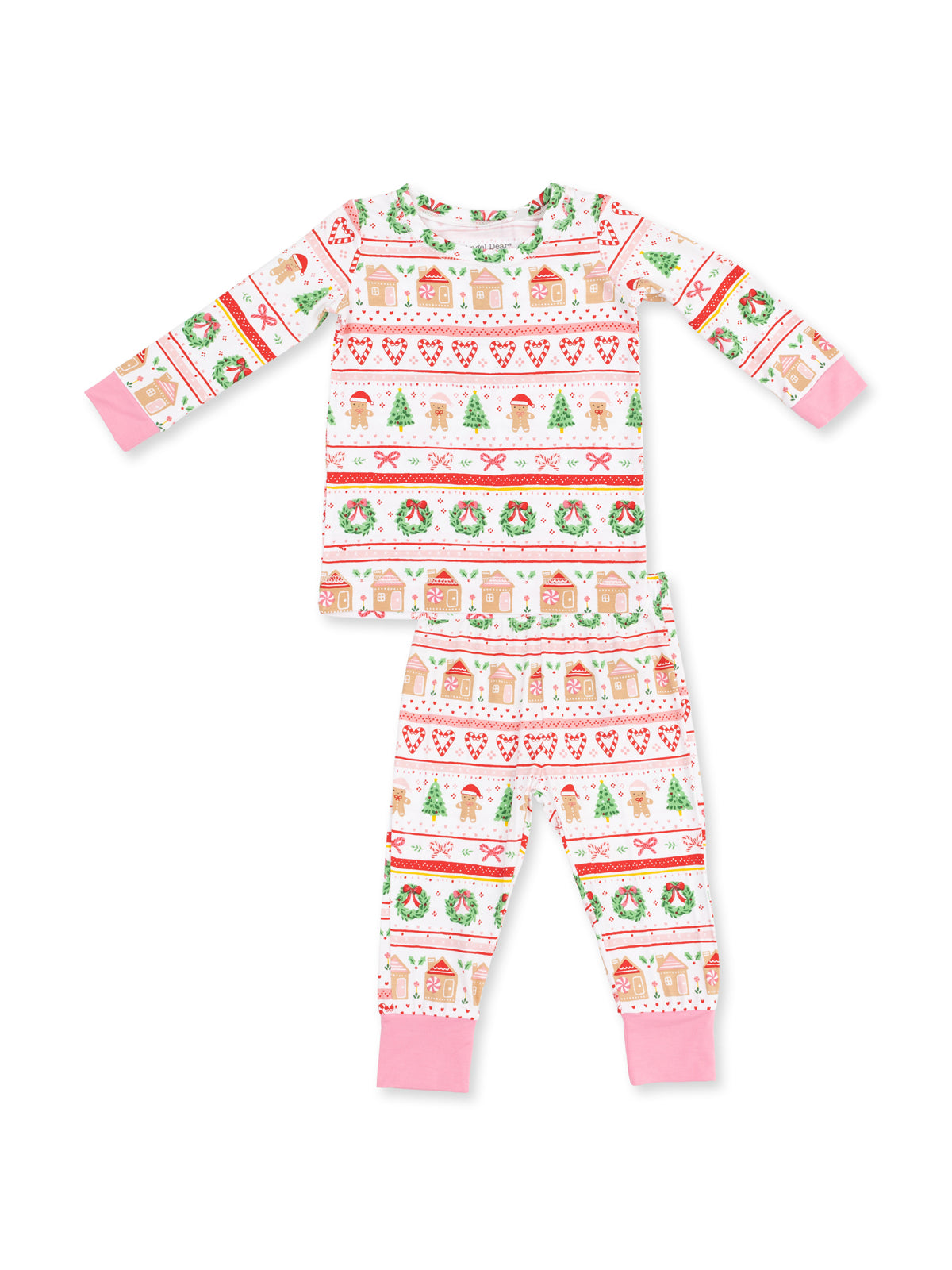 Christmas-themed kids' pajamas with gingerbread houses and festive patterns in pink and green.