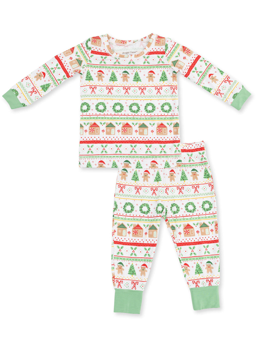 Holiday-themed kids' pajamas featuring gingerbread men, Christmas trees, and festive patterns.
