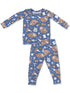 Blue pajama set featuring playful patterns of otters, tools, and sweet treats on a long-sleeve top and pants.