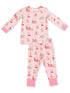 Pink Christmas-themed pajama set featuring Santa, reindeer, and festive decorations. Long sleeves and fitted pants.