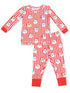 Red striped pajamas featuring playful Santa faces, ideal for festive sleepwear.
