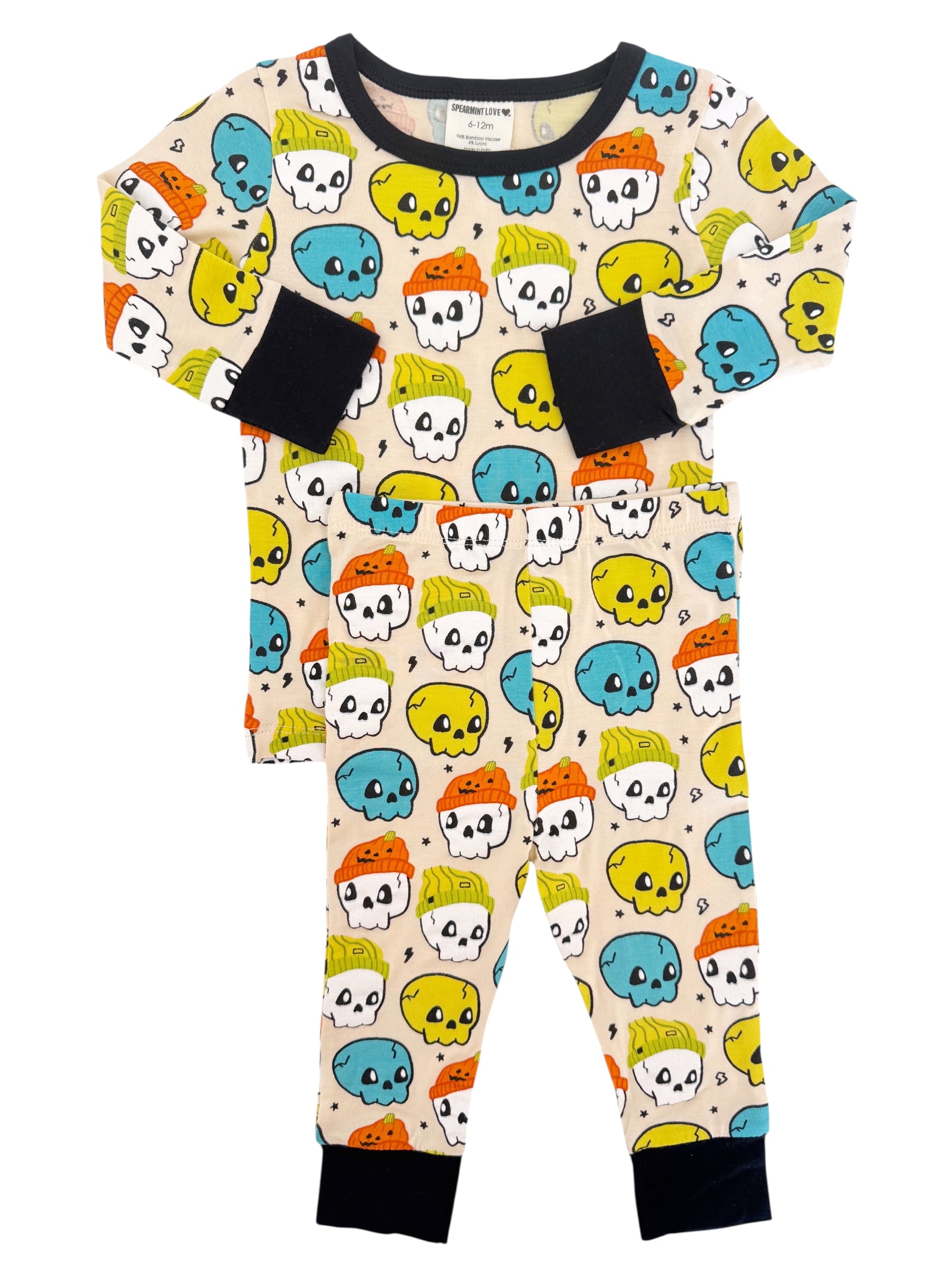 Colorful children's pajamas featuring playful skull designs in blue, yellow, orange, and green. Perfect for ages 6-12 months.