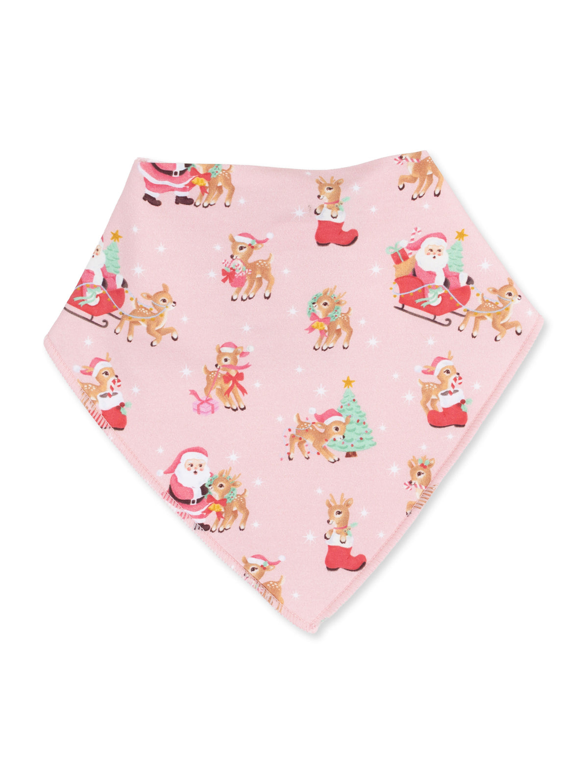 Pink bandana featuring playful reindeer and Santa Claus illustrations, perfect for festive occasions.