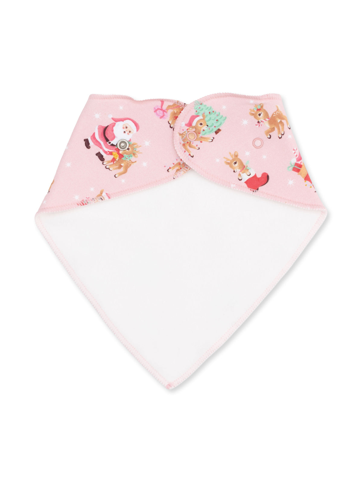 Pink baby bib with festive prints of Santa and reindeer, featuring a snap closure. Ideal for holiday outfits.