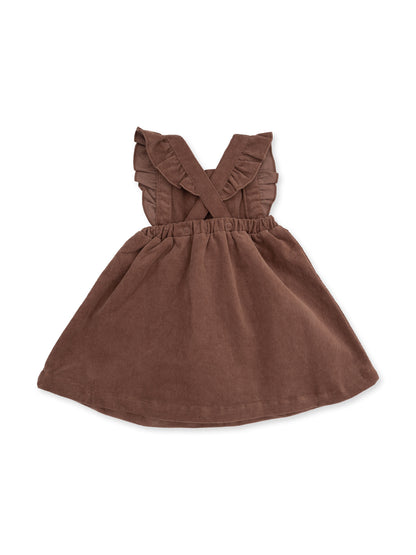 Brown corduroy dress with ruffled straps and gathered waist, ideal for toddlers.