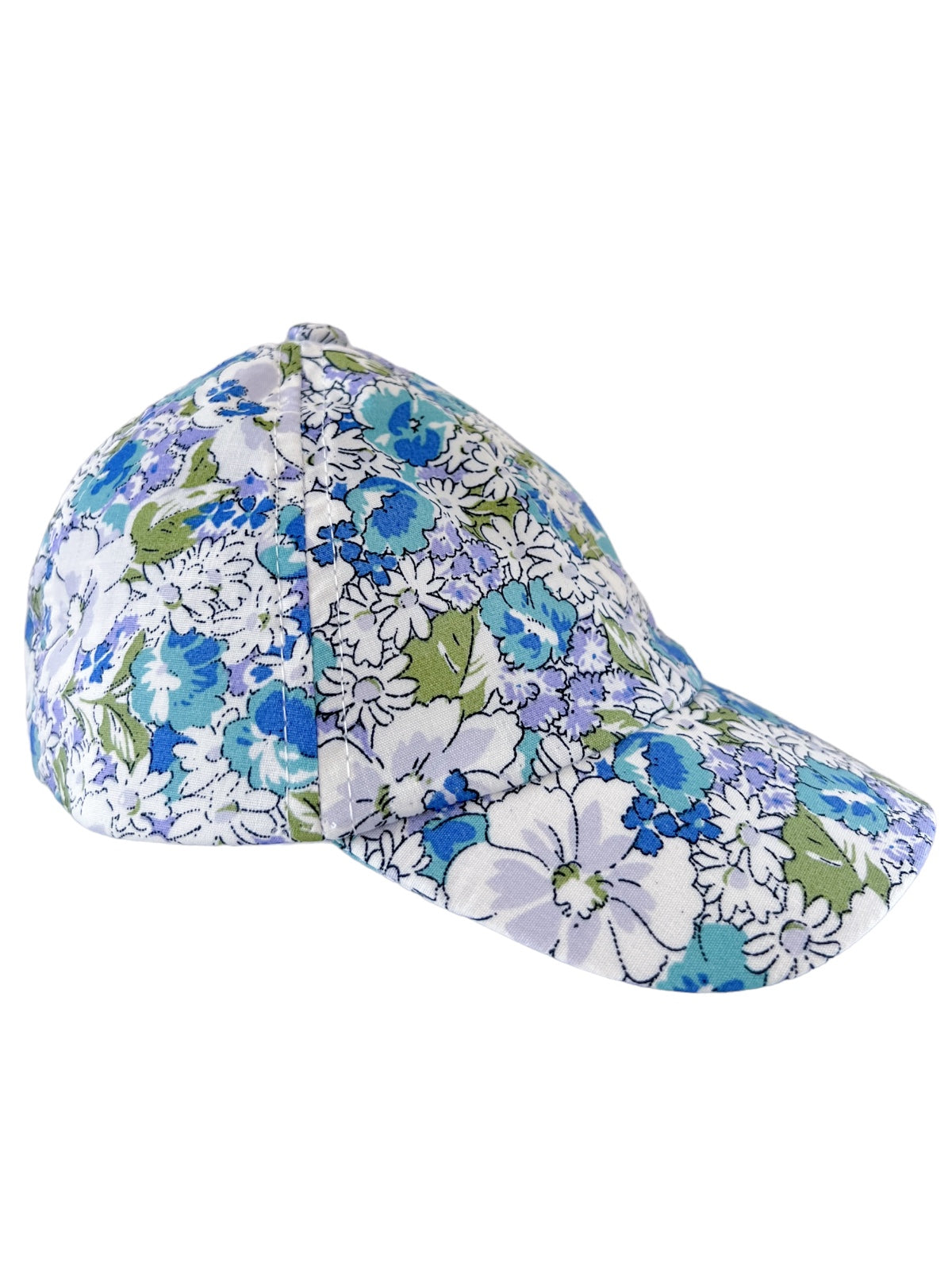 Floral-patterned cap featuring shades of blue, white, and green with a curved brim, viewed from the side.