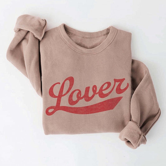 Lover Cursive Women's Graphic Fleece Sweatshirt, Tan