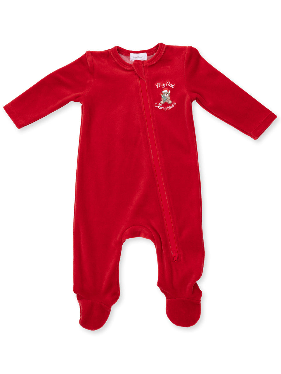 Red baby onesie with "My First Christmas" embroidery, featuring long sleeves and footed design.