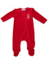 Red baby onesie with "My First Christmas" embroidery, featuring long sleeves and footed design.