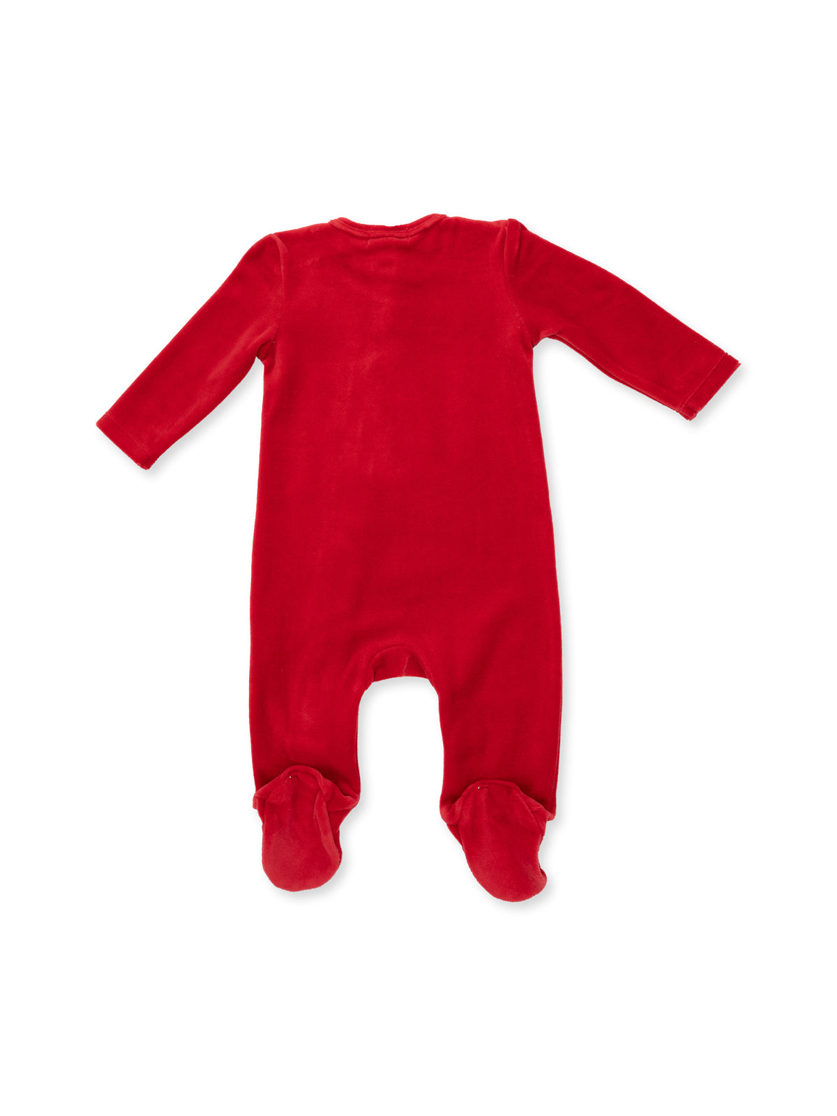 Red velvet baby onesie with long sleeves and footed design, viewed from the back.
