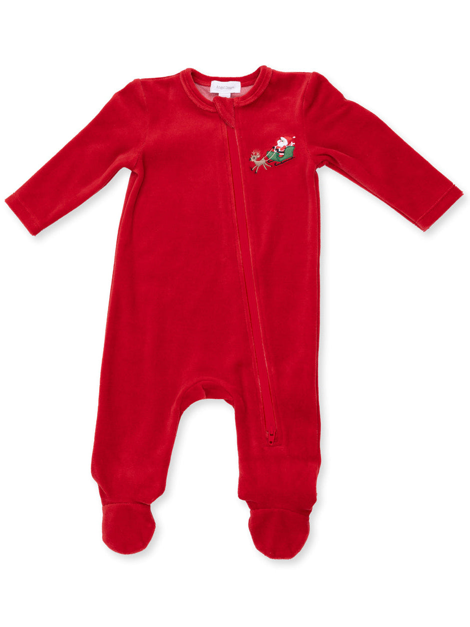 Red baby onesie with long sleeves and a zipper, featuring a Santa and reindeer design on the chest.