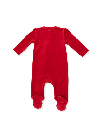 Red velvet baby onesie with long sleeves and footed design, shown from the back.