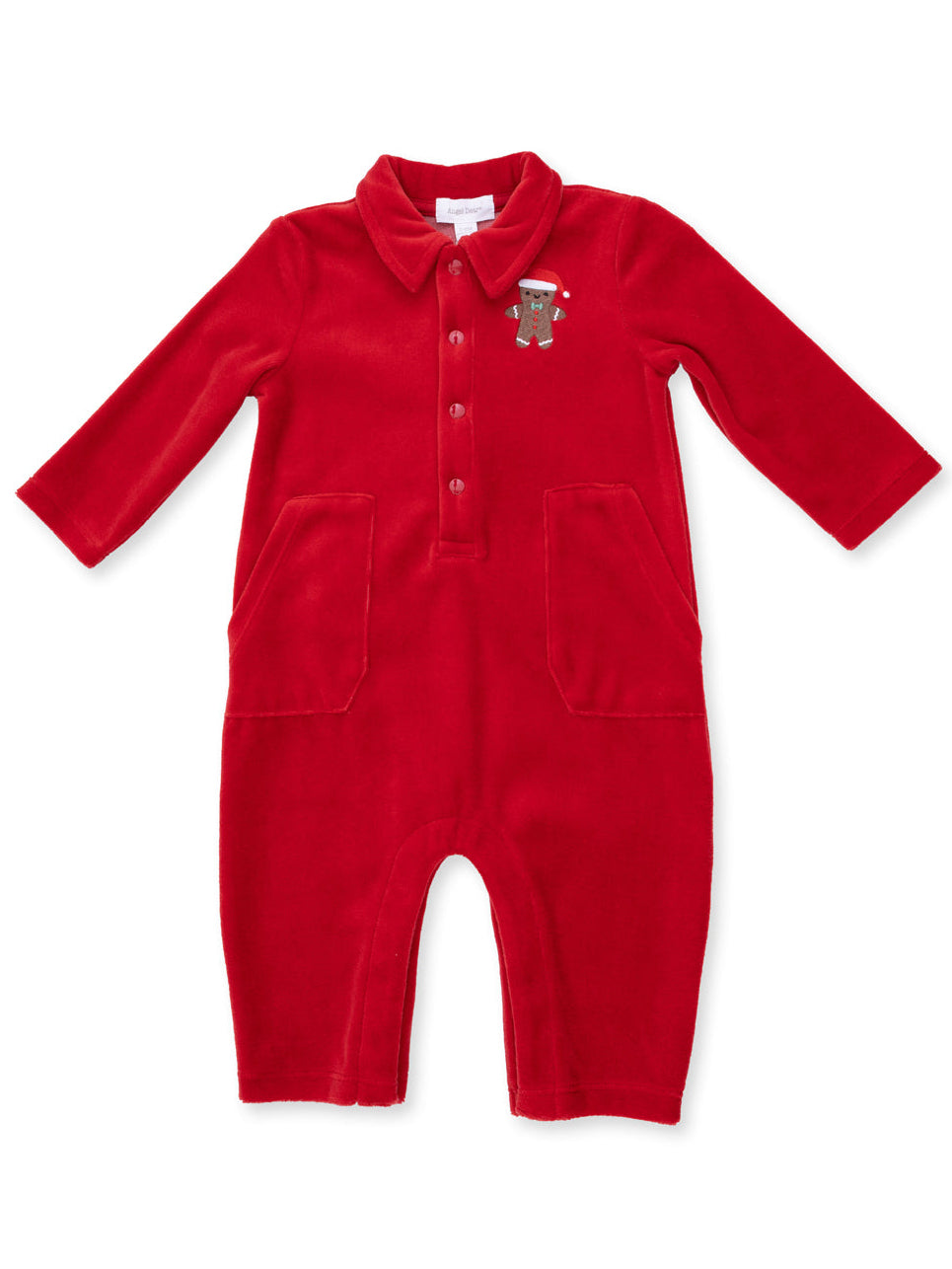 Red infant romper with collar, buttons, and gingerbread man decoration on the chest. Ideal for festive occasions.