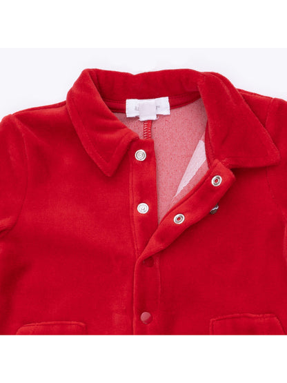 Red button-up jacket with collar and pockets, featuring soft fabric and stylish design for children.