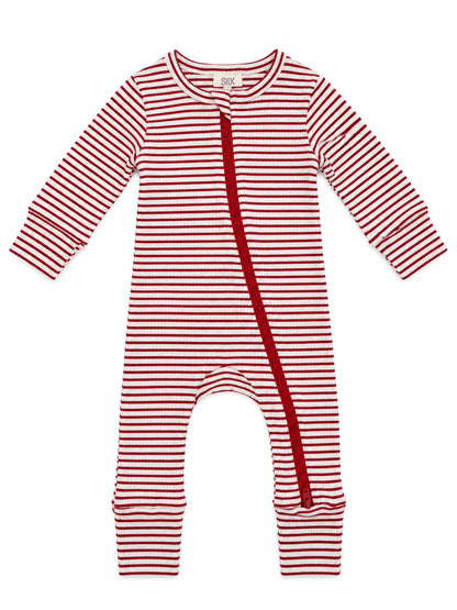 Red and white striped baby onesie with a front zipper and long sleeves. Ideal for comfortable wear.