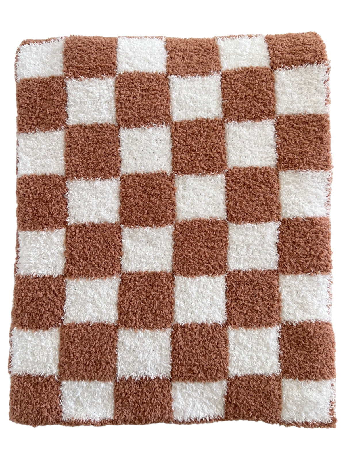 Brown and white plush checkered rug with a soft texture, ideal for home decor and comfort.