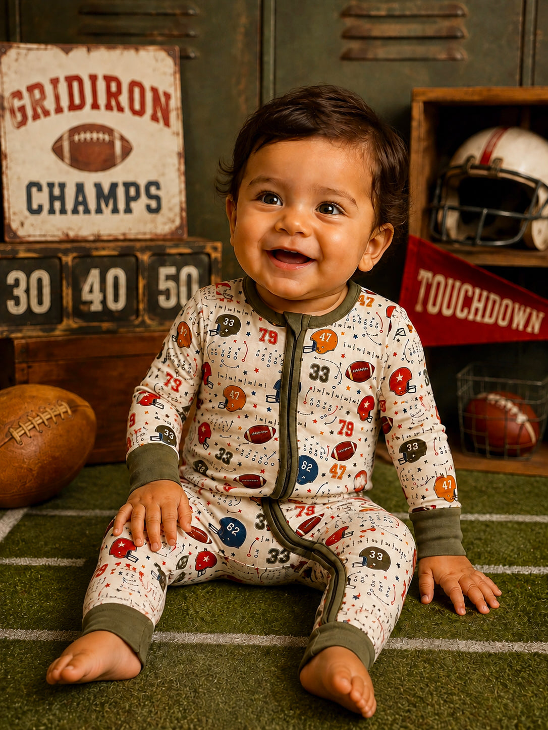 Smiling baby in football-themed pajamas sits on grass with sports decor in the background.