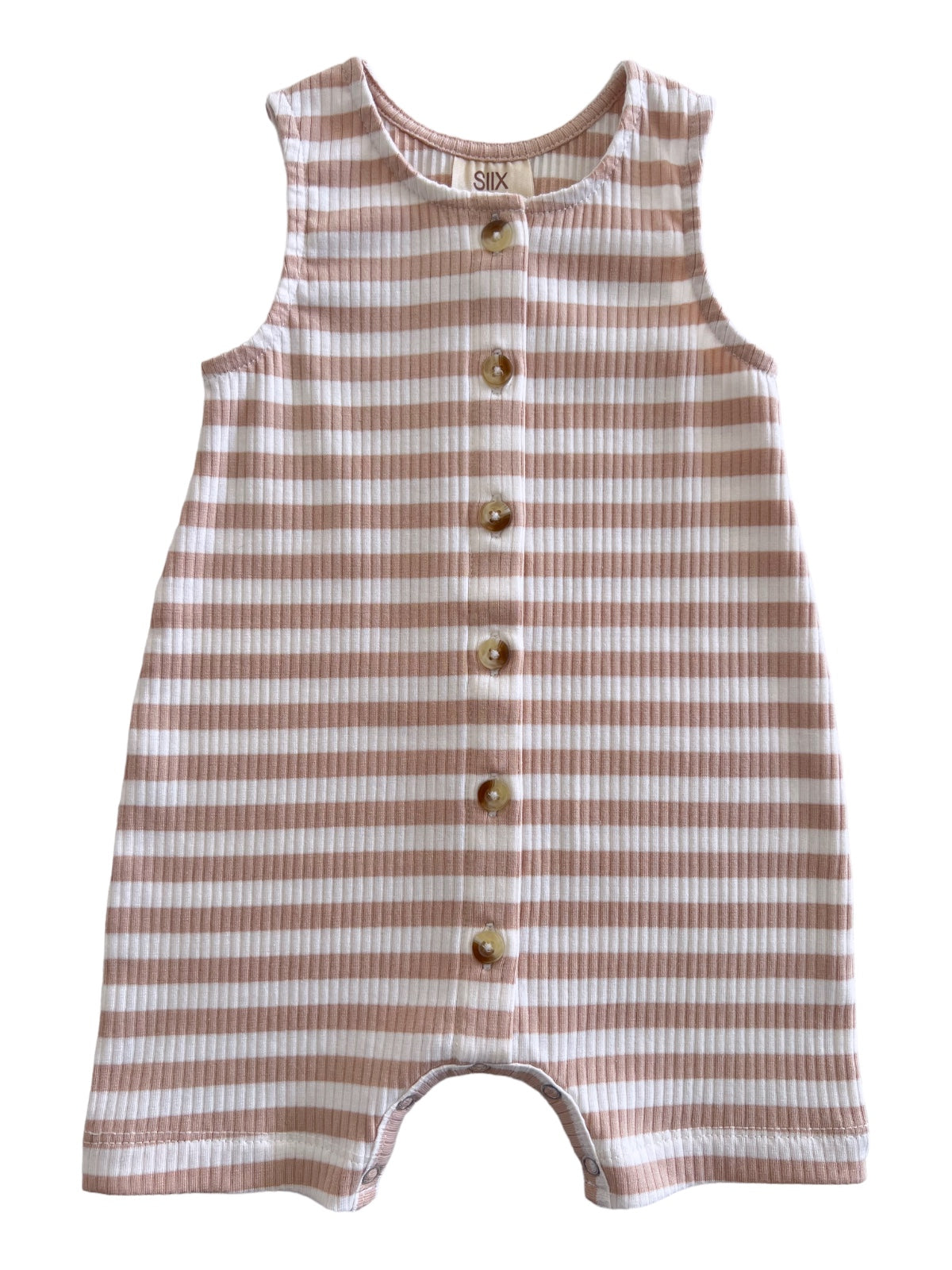 Striped pink and white sleeveless onesie featuring buttons down the front and a ribbed texture.