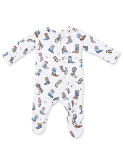 White baby onesie featuring colorful cowboy boots and hats pattern. Ideal for comfy, playful outfits.