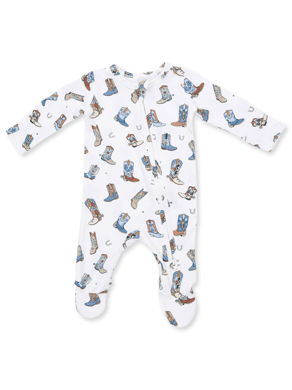 White baby onesie featuring colorful cowboy boots and hats pattern. Ideal for comfy, playful outfits.