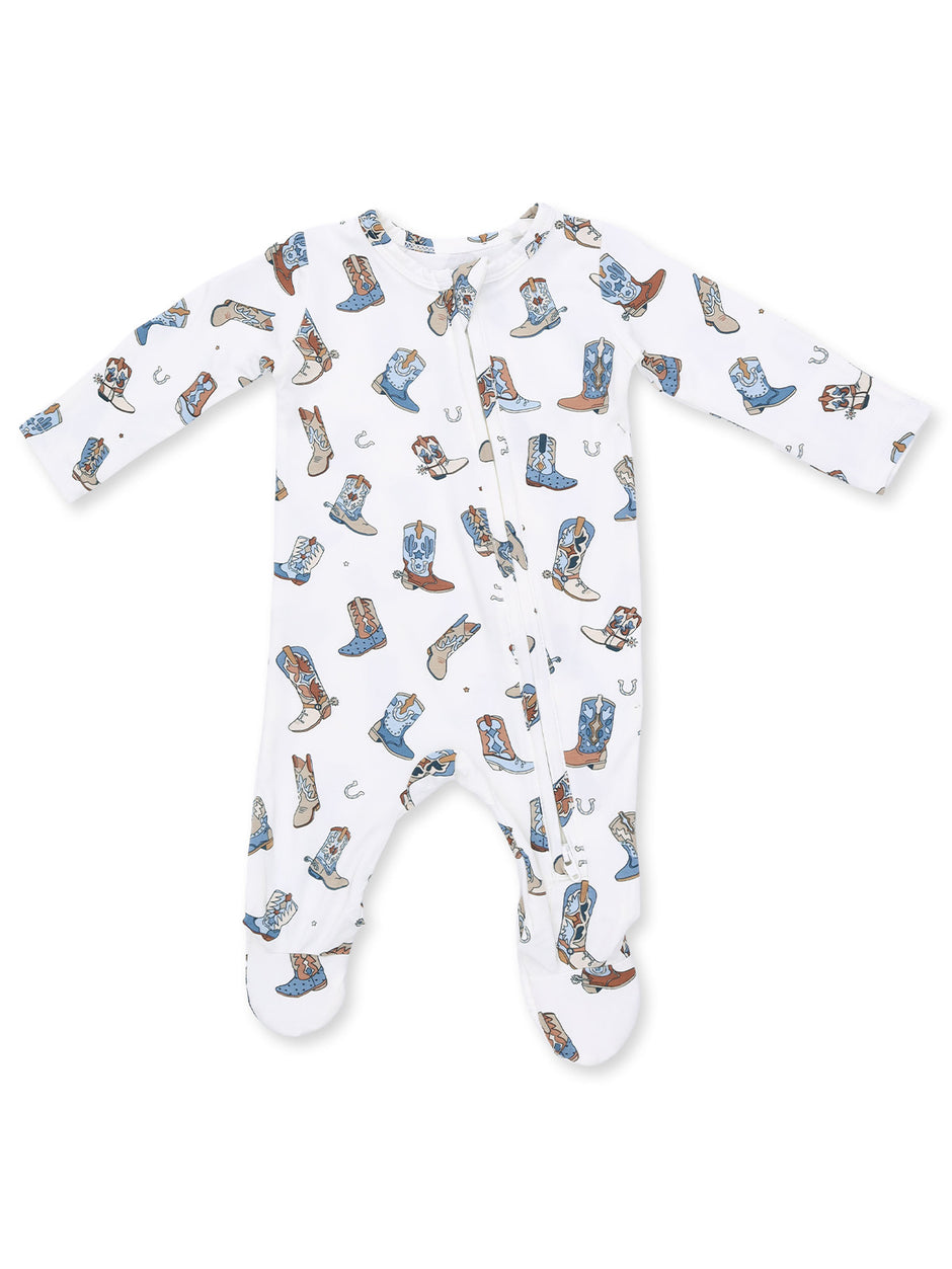 White baby onesie featuring colorful cowboy boots and hats pattern. Ideal for comfy, playful outfits.