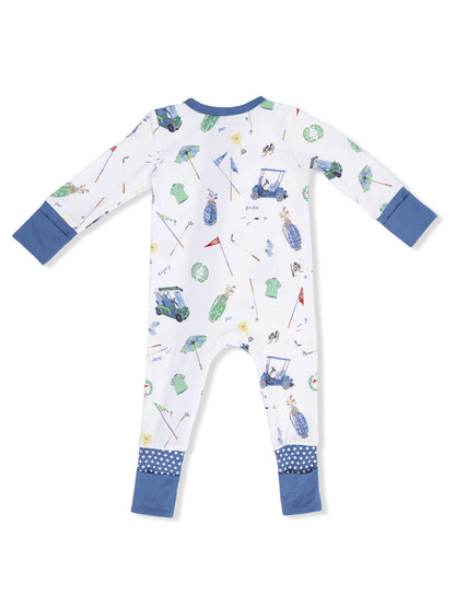 White children's pajama set featuring playful golf-themed patterns and blue accents on cuffs and collar.