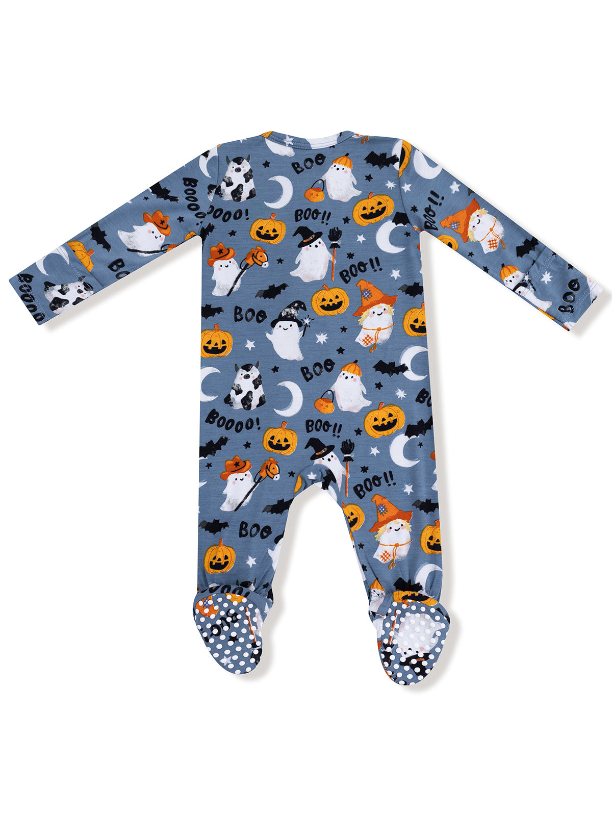 Children's Halloween pajamas featuring ghosts, pumpkins, and bats on a blue background.