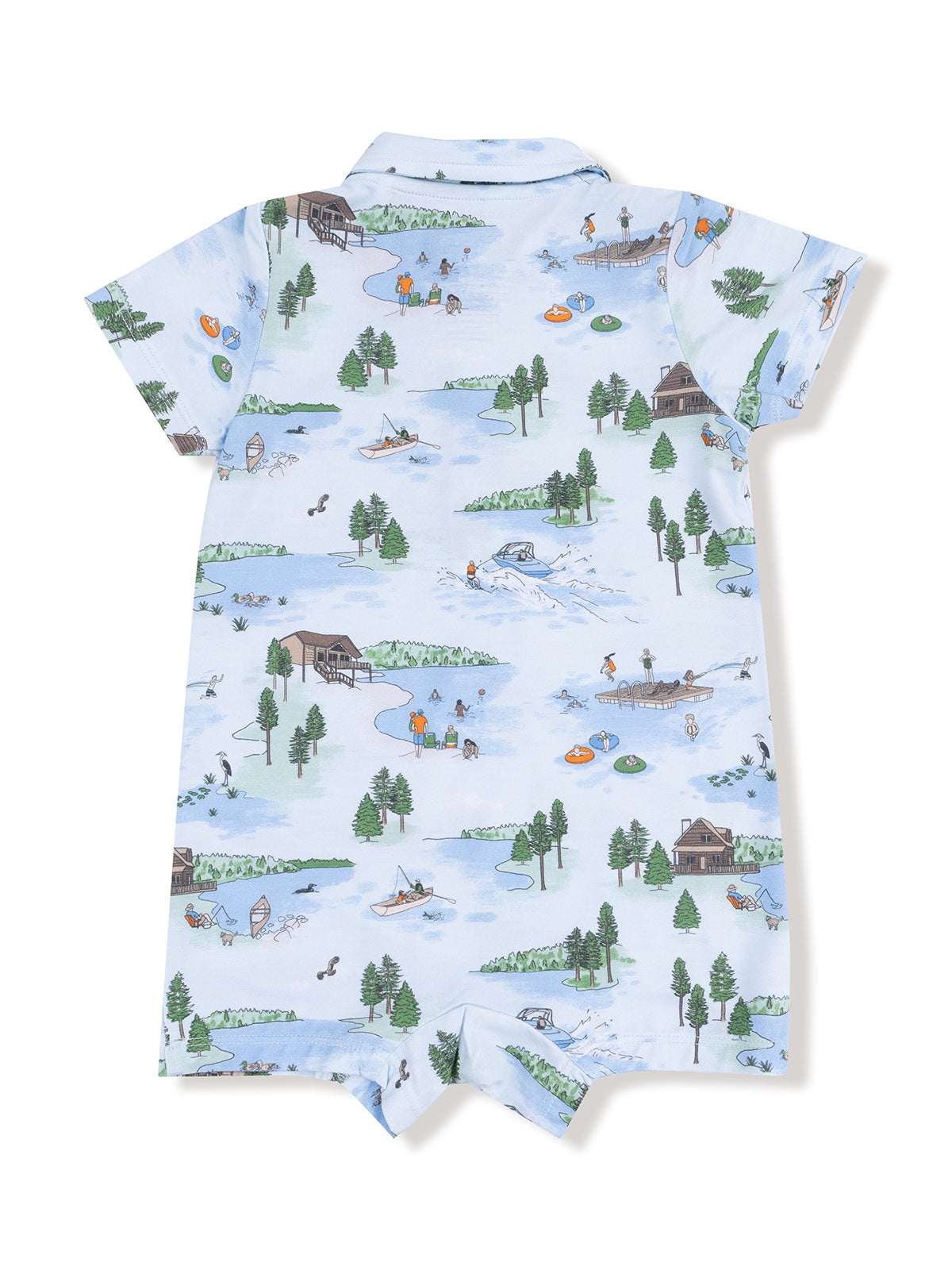 Light blue children's romper with a playful nature print featuring trees, water activities, and cozy cabins.